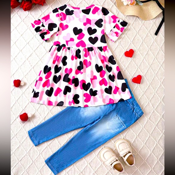 Girls Cute Heart Outfit Casual Love Print Knit Top And Denim Effect Long… - Picture 1 of 7